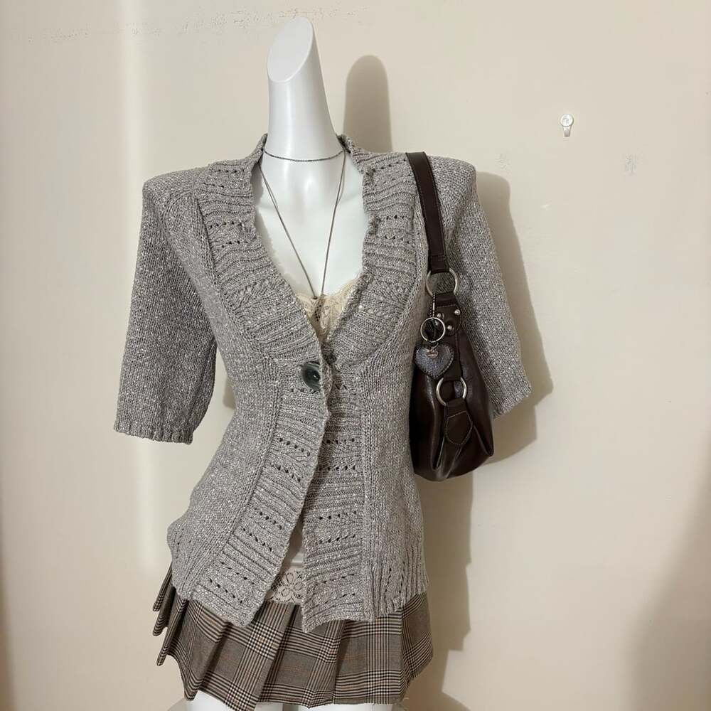 Joneswear Vintage Y2K Silver Metallic Shimmer Single Button Pointelle Knit Cardi
